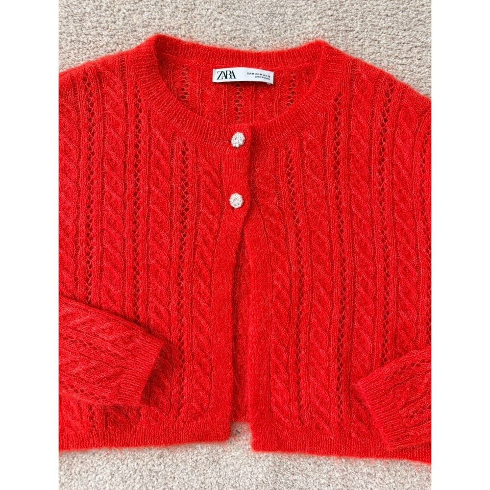 Zara NWOT Red Alpaca Wool Blend Cable Knit Cardigan Jeweled Buttons Size M